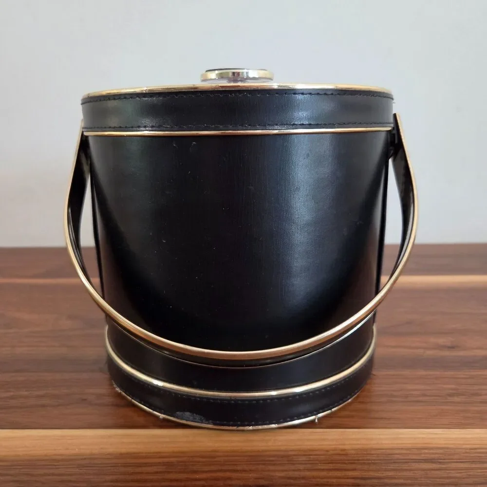 Vintage Mid Century MCM Black Faux Leather Ice Bucket Retro Barware Cocktails